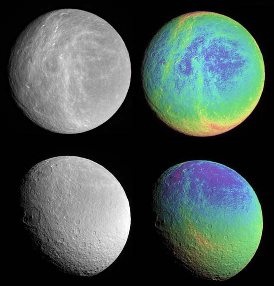 The wispy terrain of Rhea forms